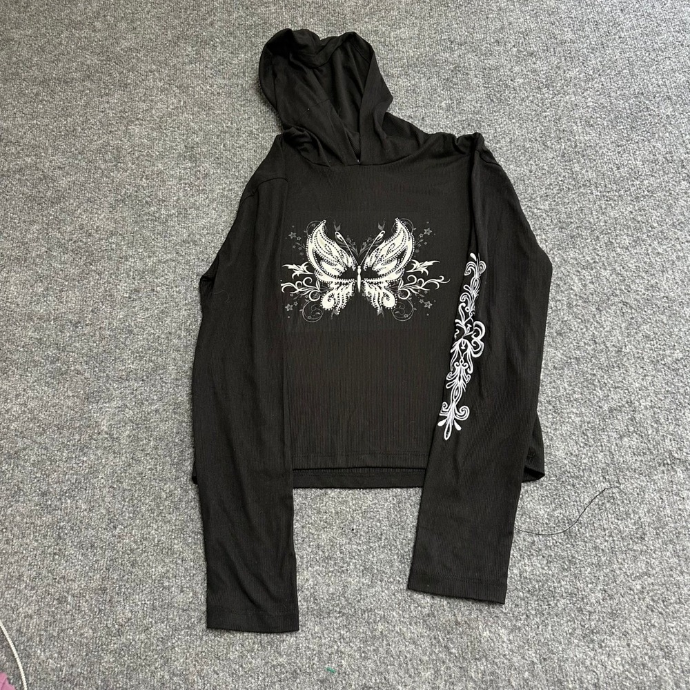 Orange Kiss Hoodie Womens Size XL Black Ribbed Butterfly Rhinestone Y2K Cropped